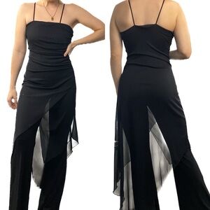 Nouveau USA Womens Y2K Mesh Overlay Jumpsuit M Black Flare Beaded 90s Whimsigoth